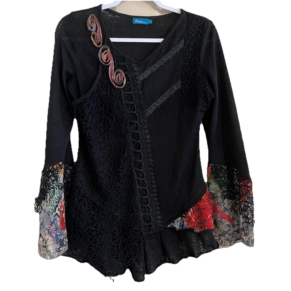 Y2k Vtg Black Whimsigoth Fairy Grunge‎ Mixed Media Top Sz S Witchy Vamp Eclectic